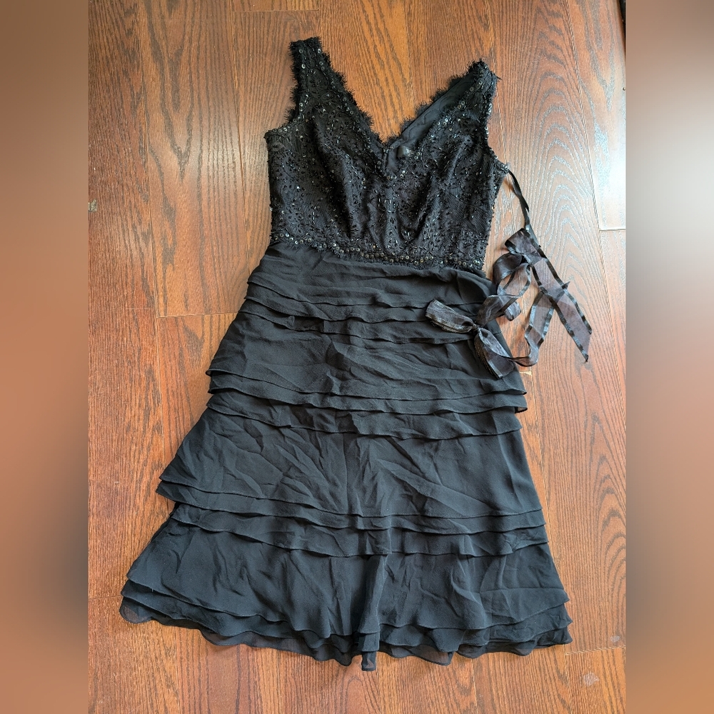 Tadashi Collection Black Beaded Ruffle Cocktail Dress Sz 10 Prom Formal Dance Pa